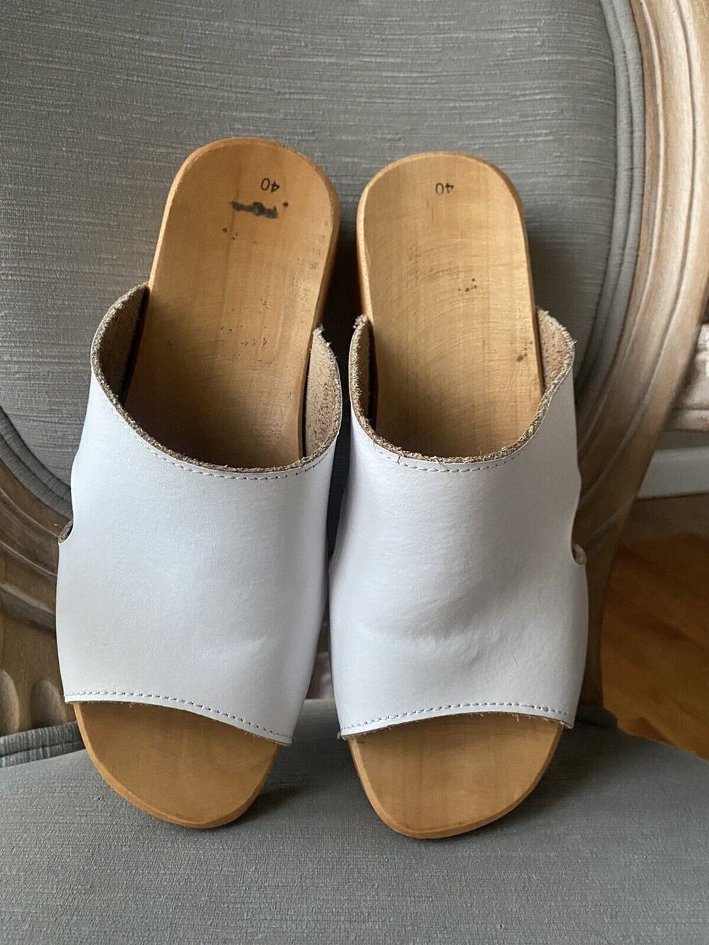 Women's Clogs Mules Sandals Open Toe Slip-On Sz 40,9.5White Leather Cut Out Wood